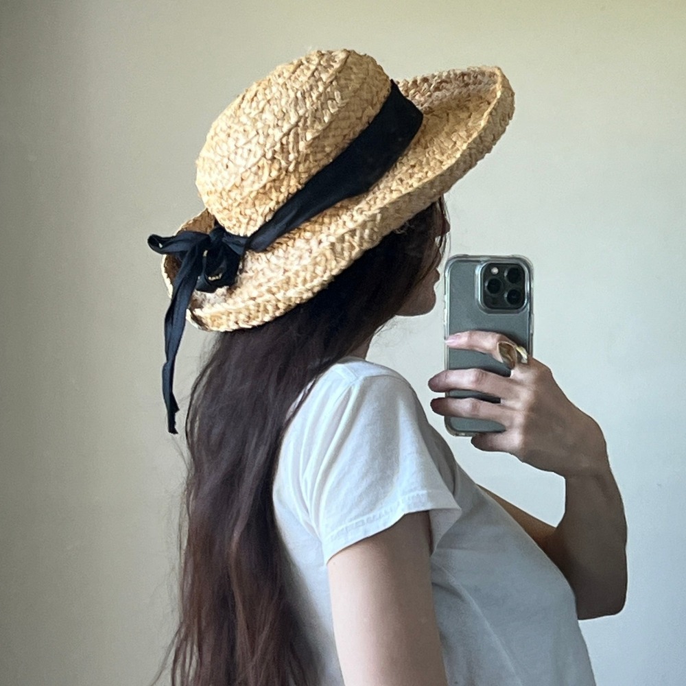 Straw 100% Rafia Straw‎ Summer Woven Hat Black Bow Accent - Picture 2 of 8